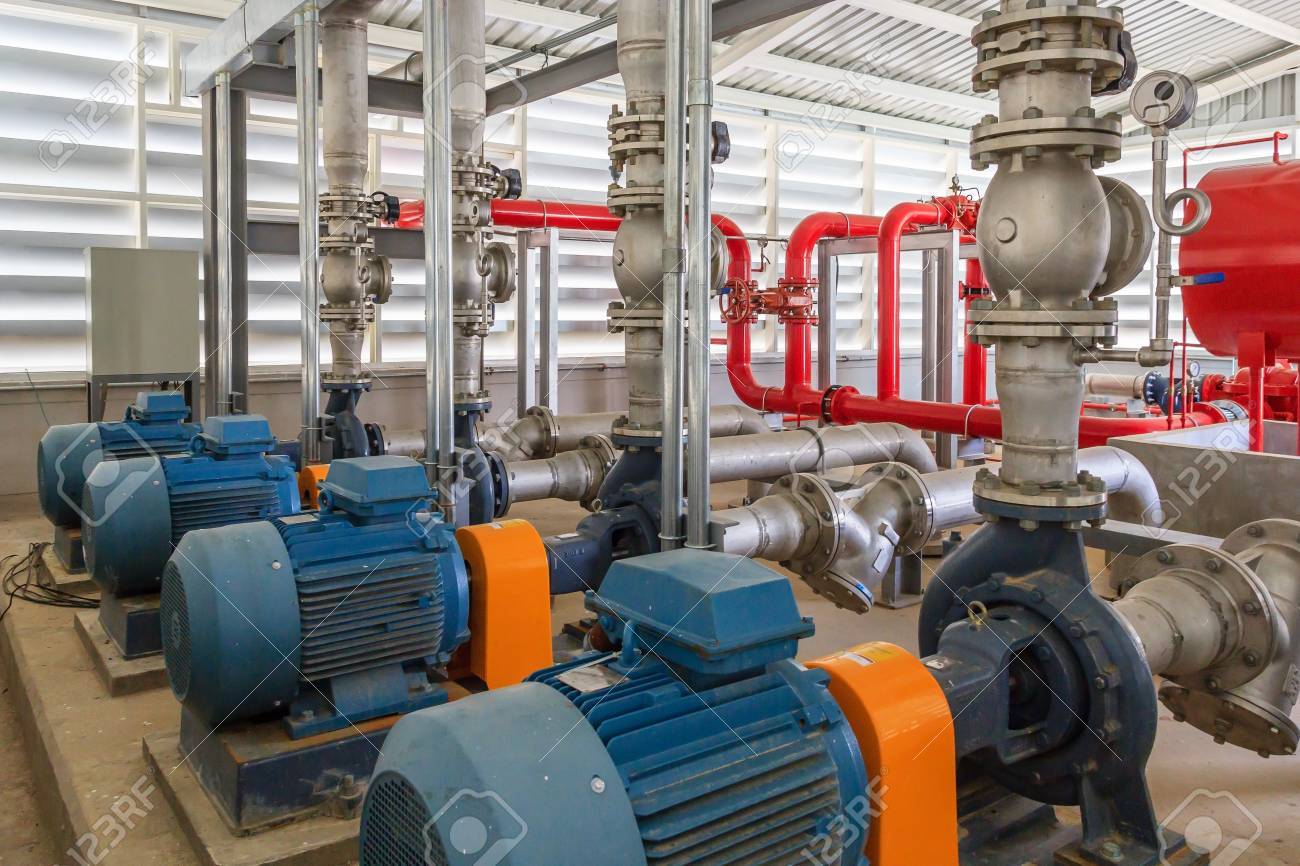 Industrial fire pump station for water sprinkler piping and fire alarm control system. Pipelines, water pump, valves, manometers